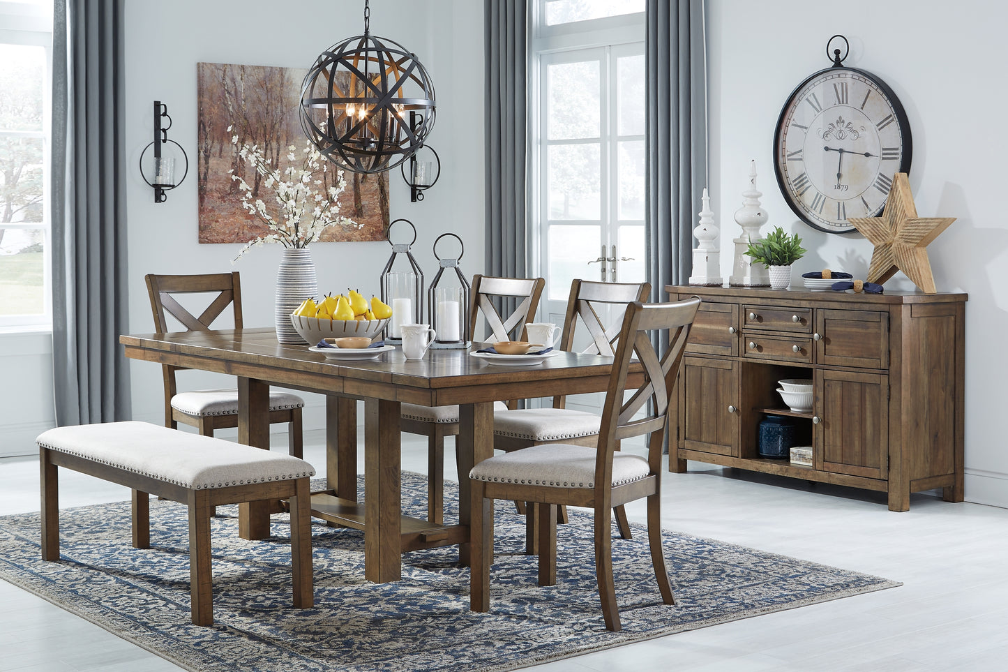 Moriville Dining Table and 4 Chairs and Bench with Storage