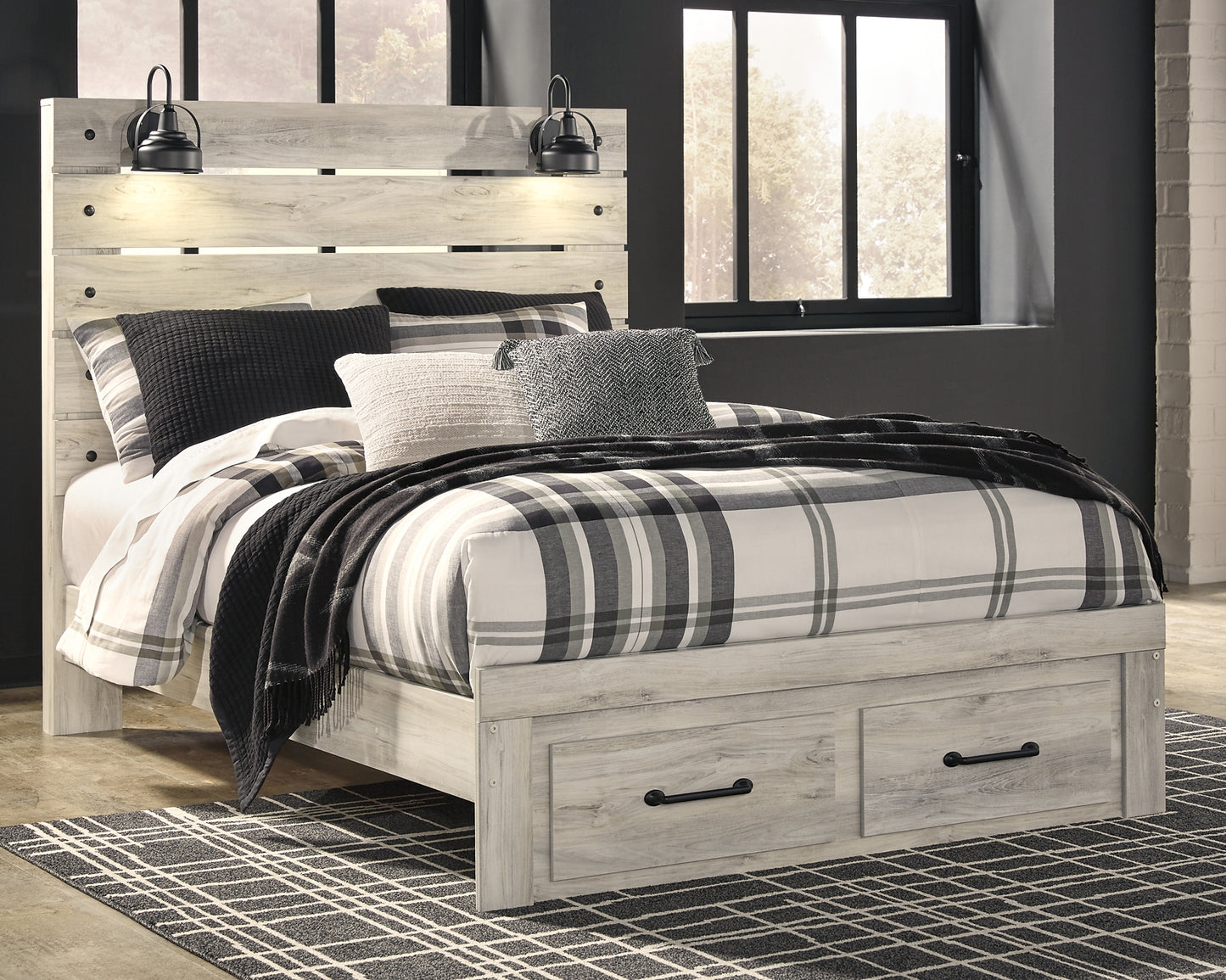 Cambeck Queen Panel Bed with 2 Storage Drawers with Mirrored Dresser and 2 Nightstands