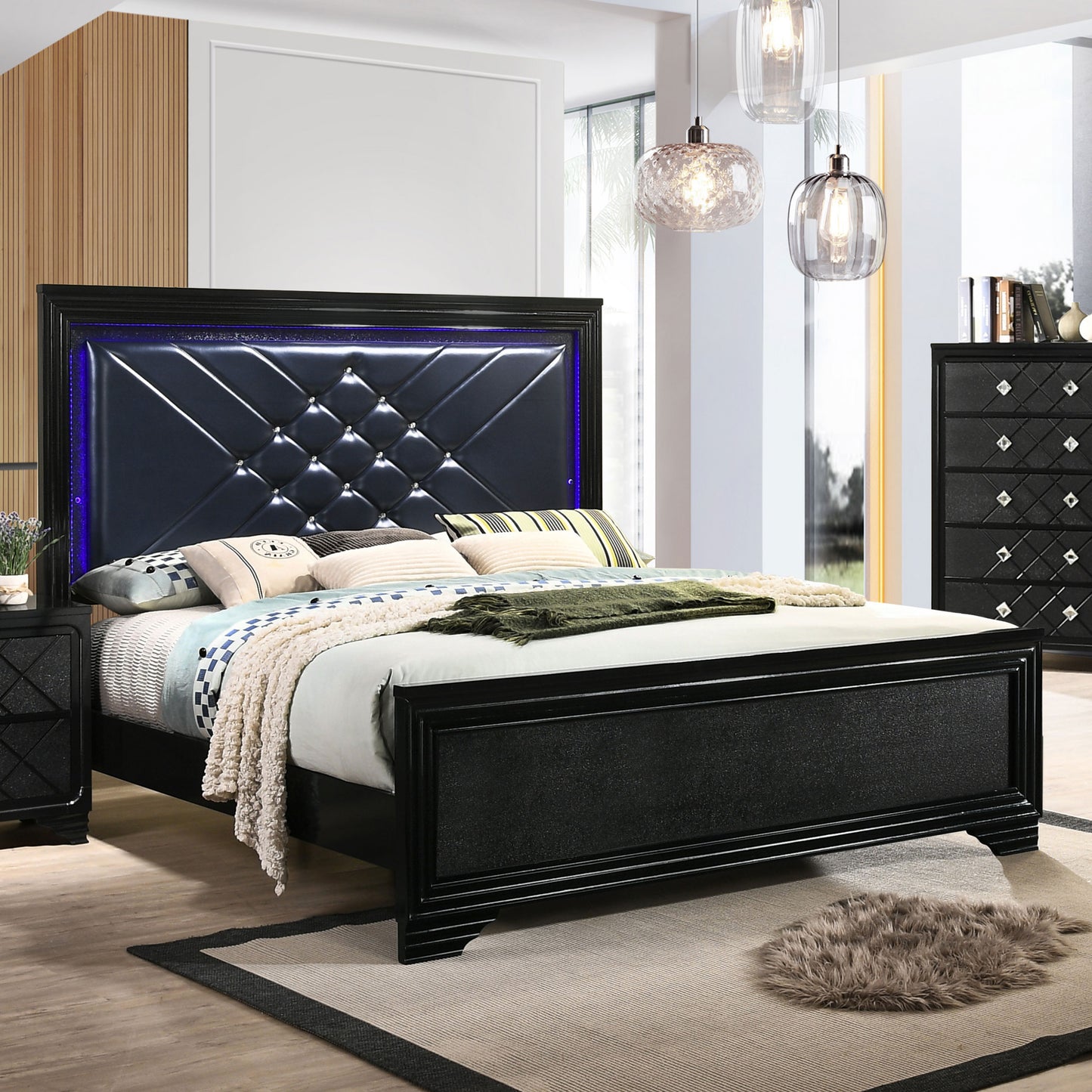 Penelope Wood Queen LED Panel Bed Midnight Star
