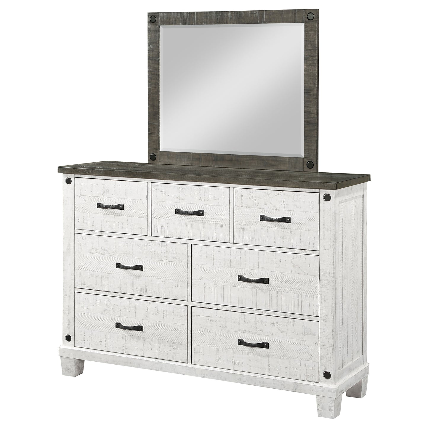 Lilith 7-drawer Dresser with Mirror Distressed Grey and White