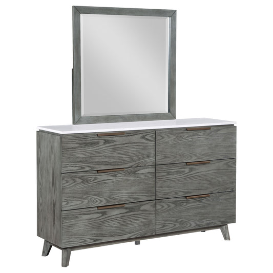Nathan 6-drawer Dresser with Mirror White Marble and Grey
