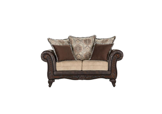 Elmbrook Upholstered Rolled Arm Loveseat with Intricate Wood Carvings Brown