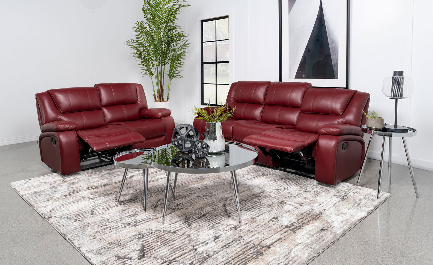 Camila 2-piece Upholstered Reclining Sofa Set Red Faux Leather